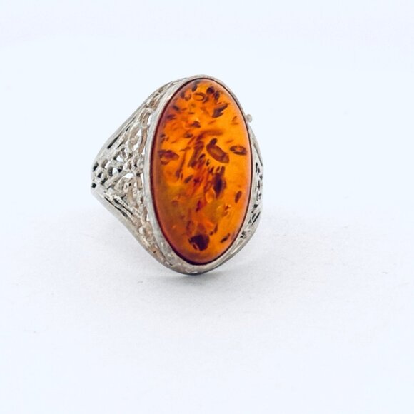 Vintage 925 Sterling Silver Baltic Amber Filigree Celtic Chunky Statement Ring - Picture 1 of 12